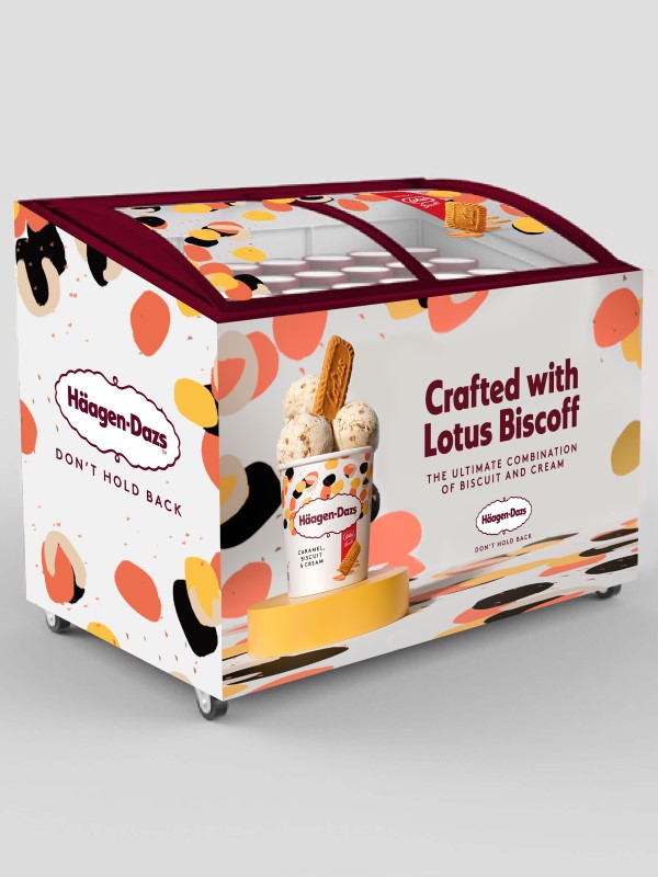 A commercial refrigerator filled with Ice cream tubs.