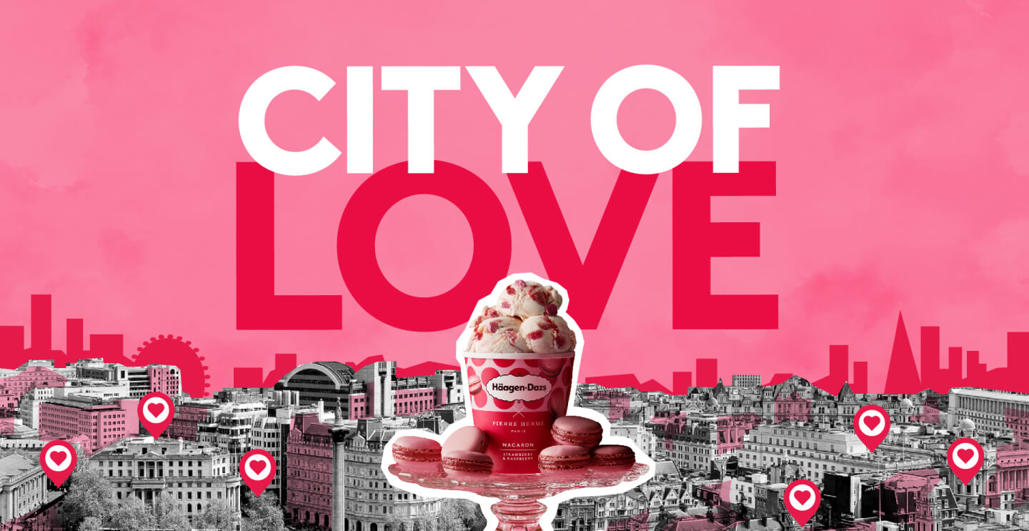 A dish of ice cream and macrons on a platter with the words "City Of Love" superimposed in the background