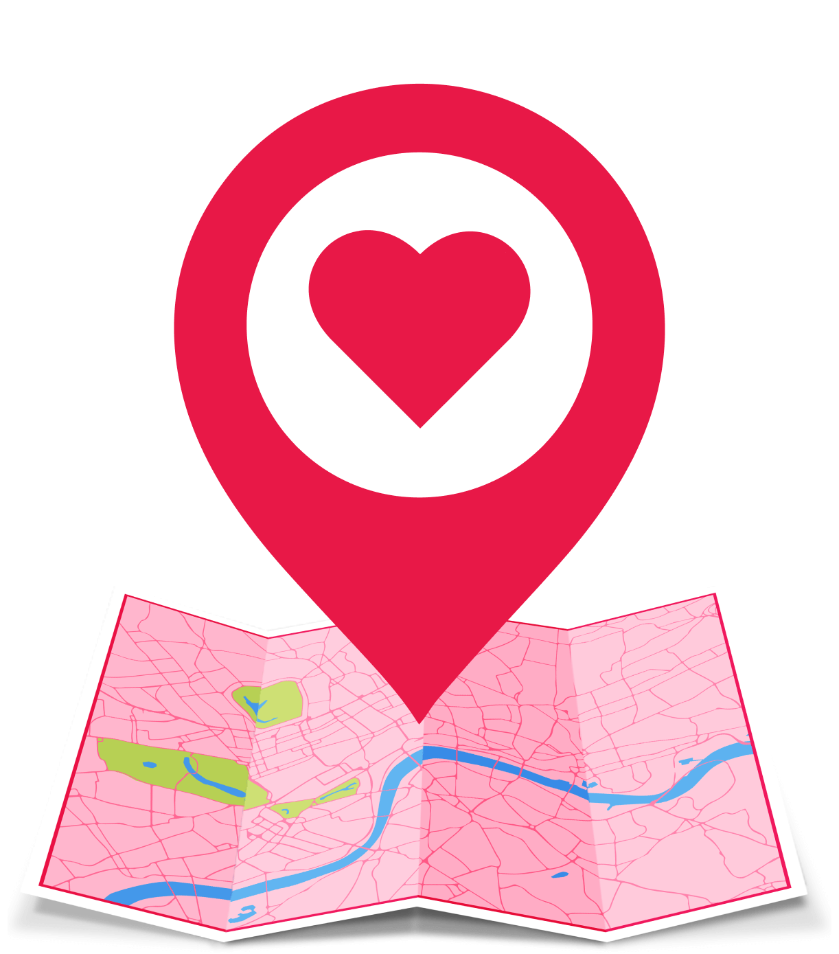 An illustration of a map with a heart-shaped pin in the middle of it