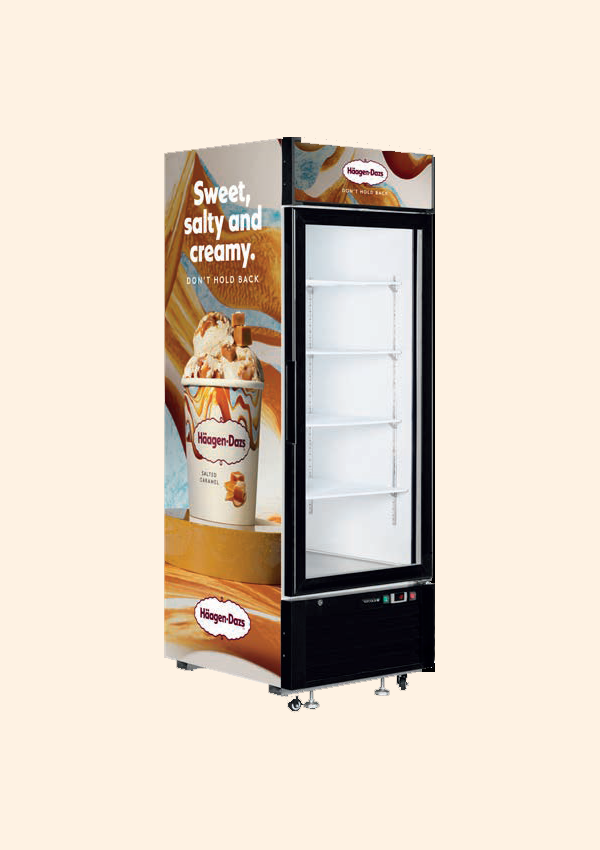 A freezer with Häagen Dazs branding on the side
